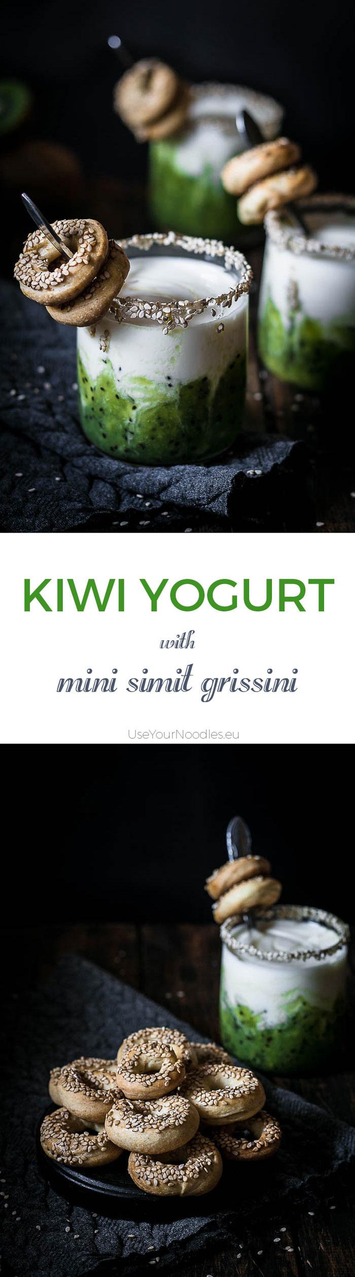 This honey sweetened kiwi yogurt served with homemade mini simit grissini is probably the most delicious breakfast of this winter and it is inspired by some of the most popular foods in Turkey and some homegrown seasonal fruit! Click to find the whole recipe or pin and save for later!