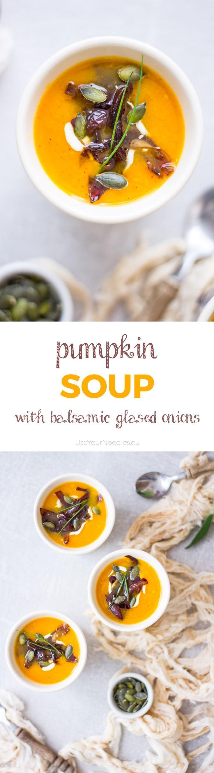 Warm, sweet and spicy pumpkin soup with balsamic glased onions will be your new favorite autumn comfort food! Click to find the whole recipe or pin and save for later!