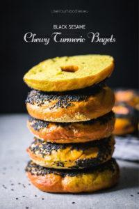 The softest low-fat black sesame covered chewy turmeric bagels that are ridiculously tasty and a great basis for a breakfast sandwich. Click to find the whole recipe or pin and save for later!