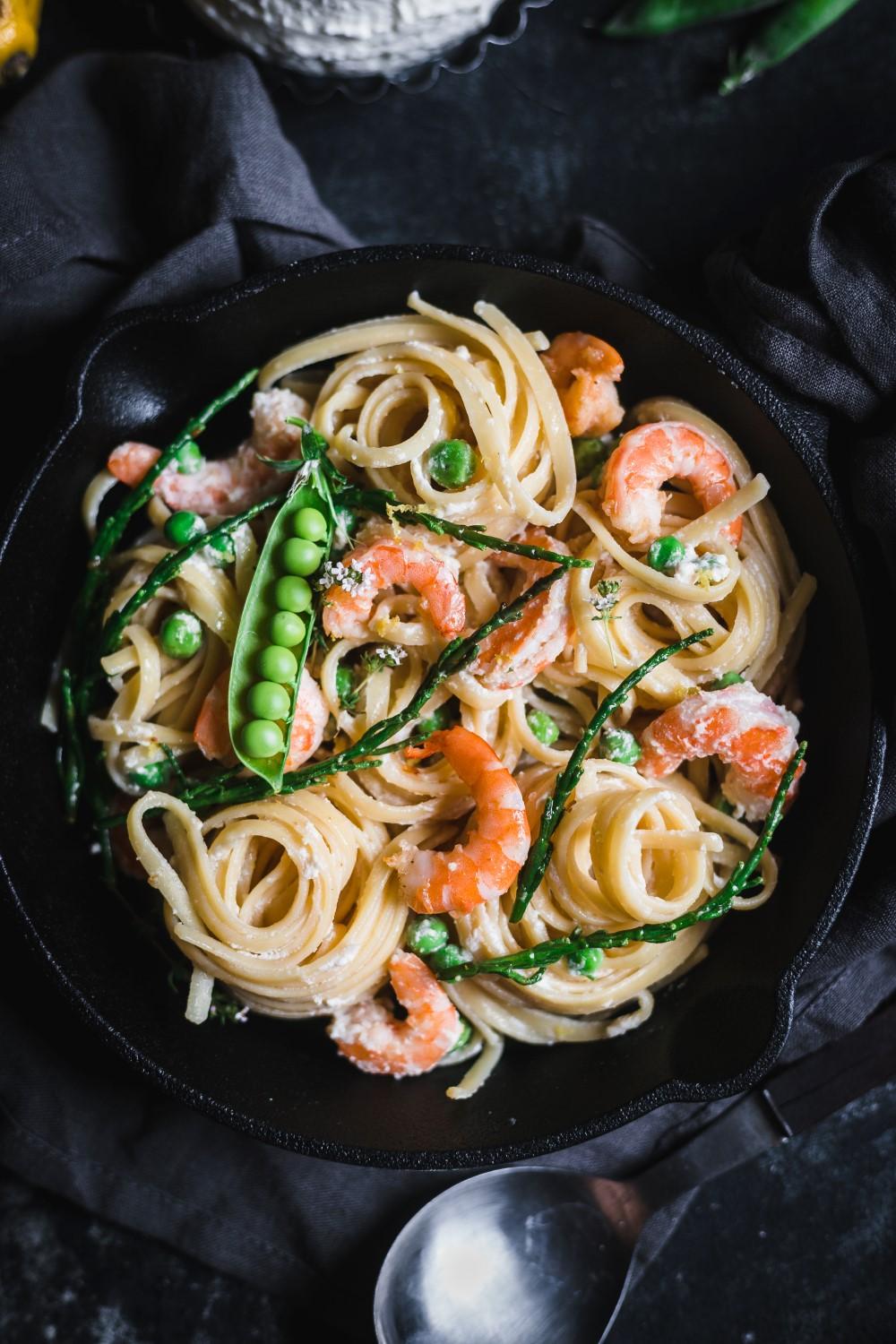 This quick and rich garlic ricotta shrimp pasta is incredibly creamy and luxurious and has a lovely sour and salty flavor from lemon and glasswort (sea asparagus).