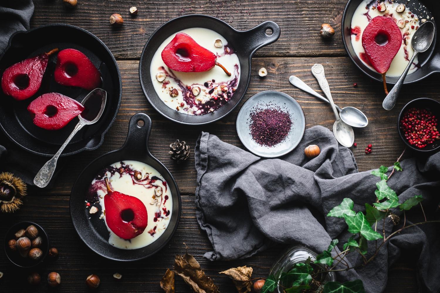 An easy but really fancy dessert like this hibiscus poached pears with vanilla and pink peppercorns is guaranteed to amaze at any party!
