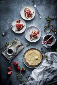 These vanilla crêpes with roasted strawberry rhubarb and homemade chocolate and hazelnut spread are the perfect way to celebrate spring.