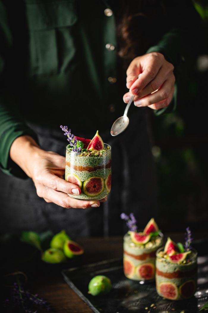 This deliciously rich white chocolate and matcha chia pudding with a homemade fig jam is such a wonderful dessert for late Summer.